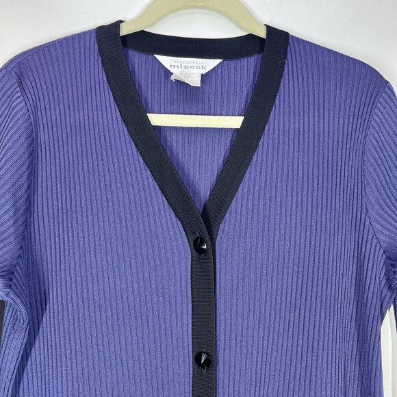 Misook Women Sz M Purple Ribbed Long Sleeve Button Front Cardigan Black Trim - Picture 4 of 11